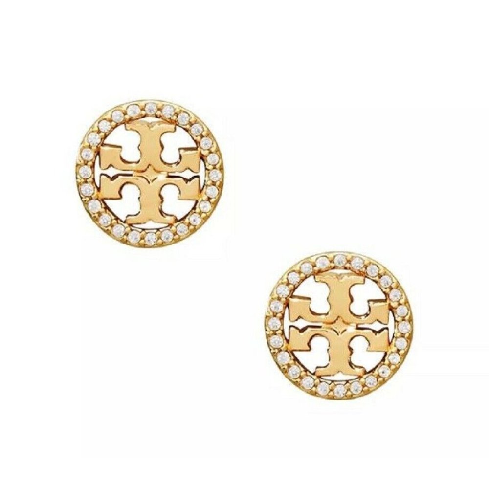 Tory Burch Gold Stud Crystal Circle Logo Earrings